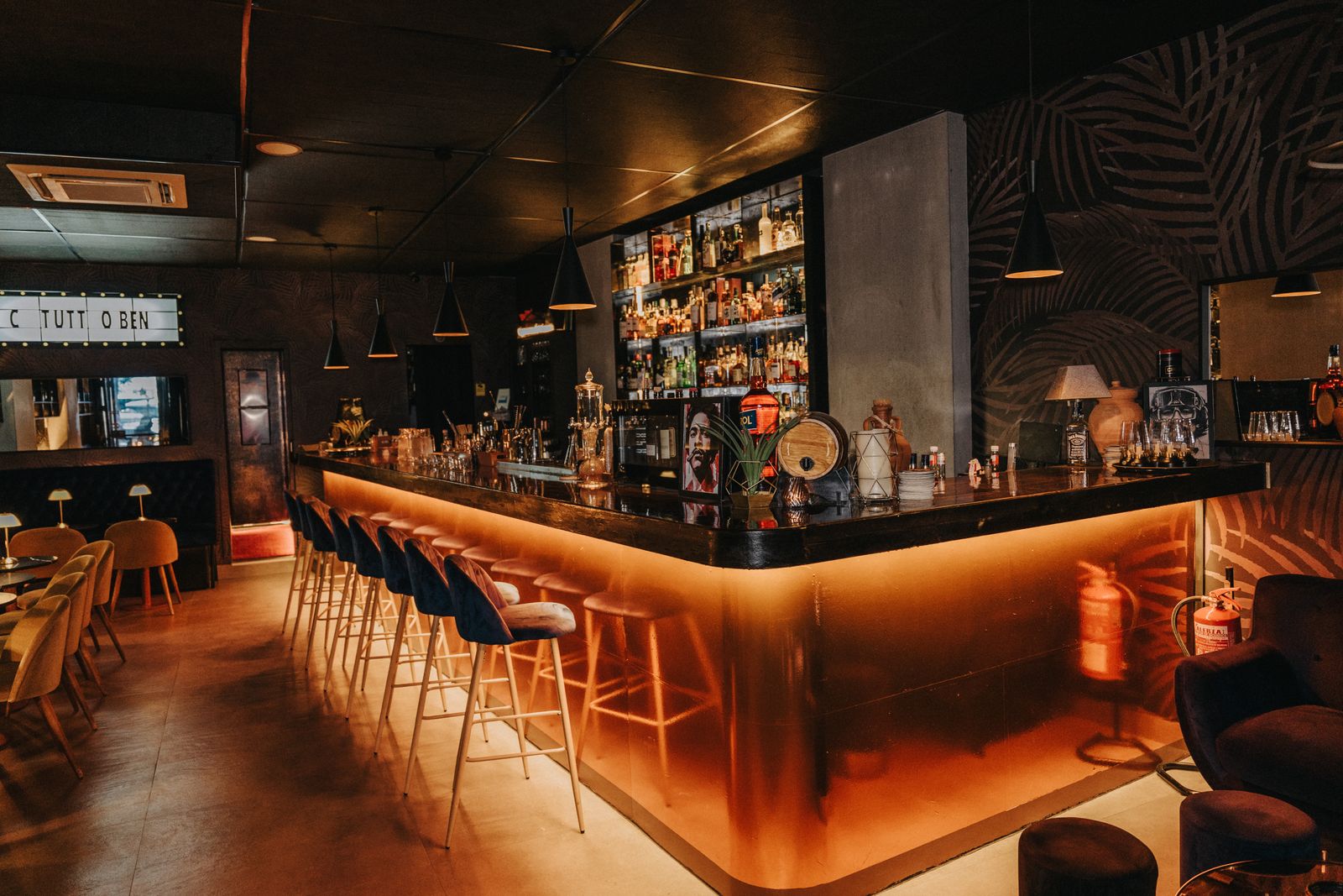 A stylish illuminated bar interior