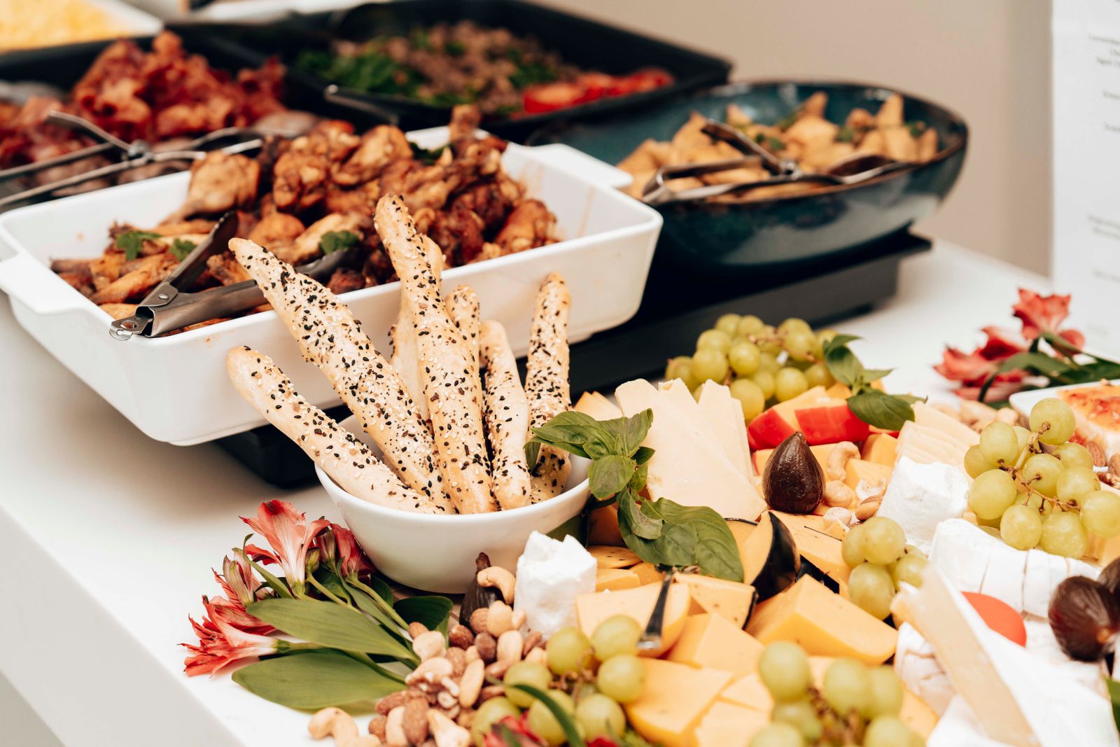 A catered buffet food spread