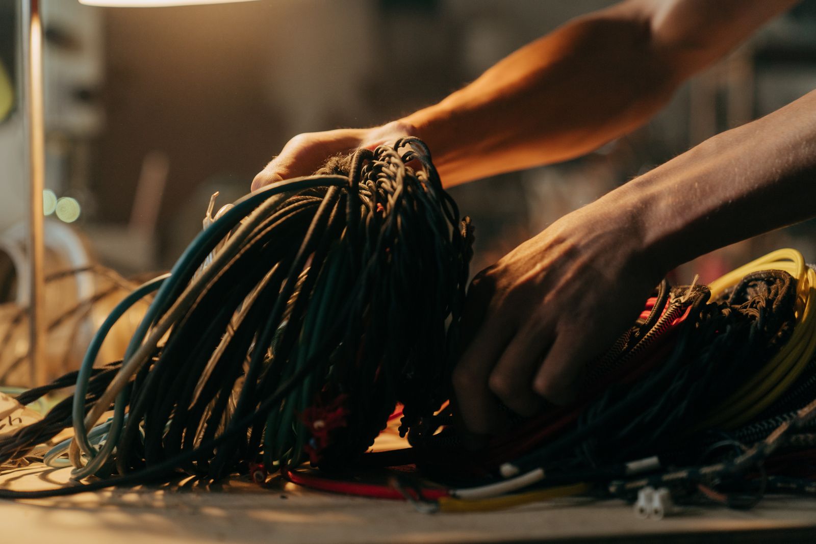 An electrician sorting electrical wiring