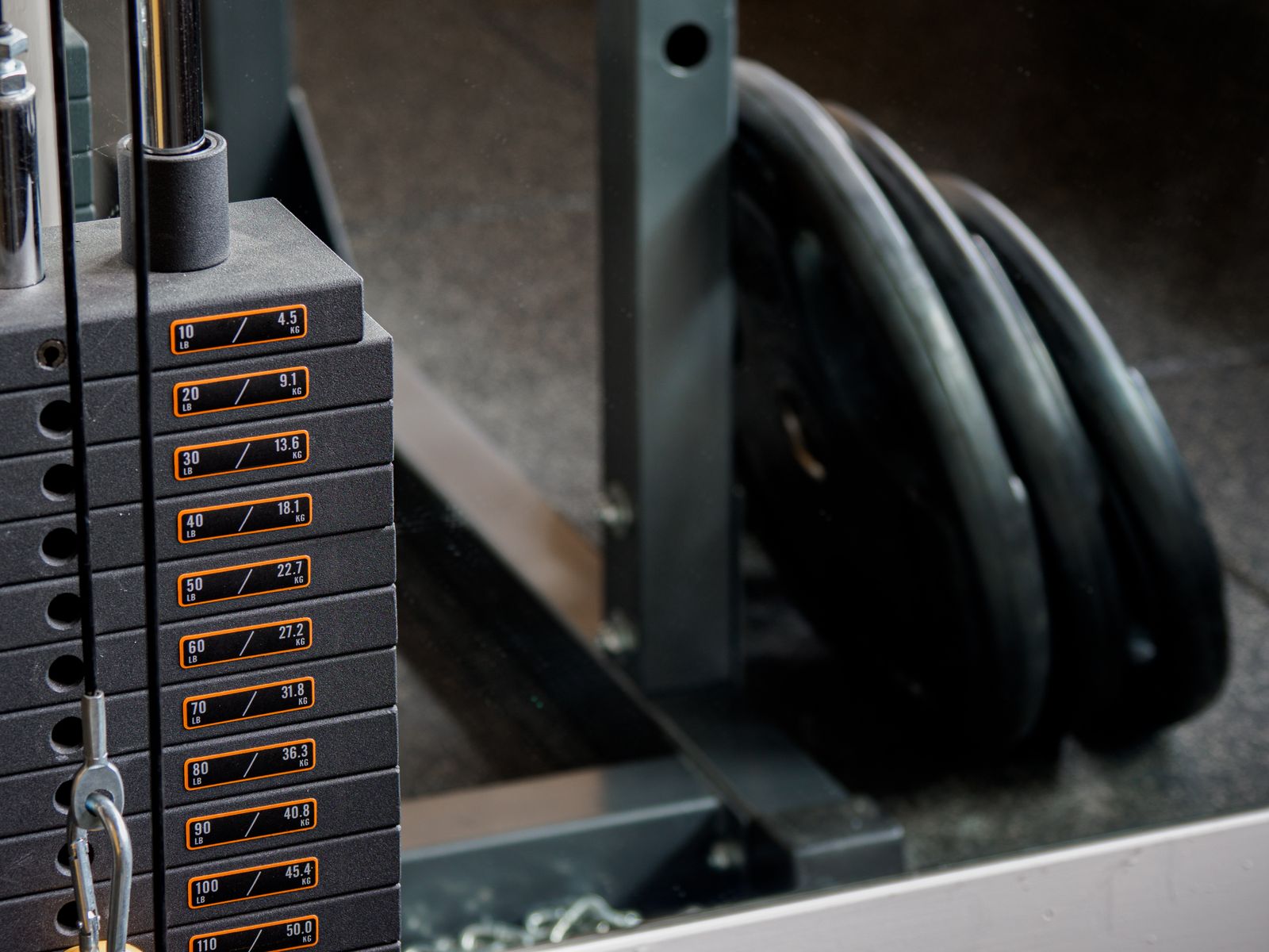 Strength training equipment in a gym