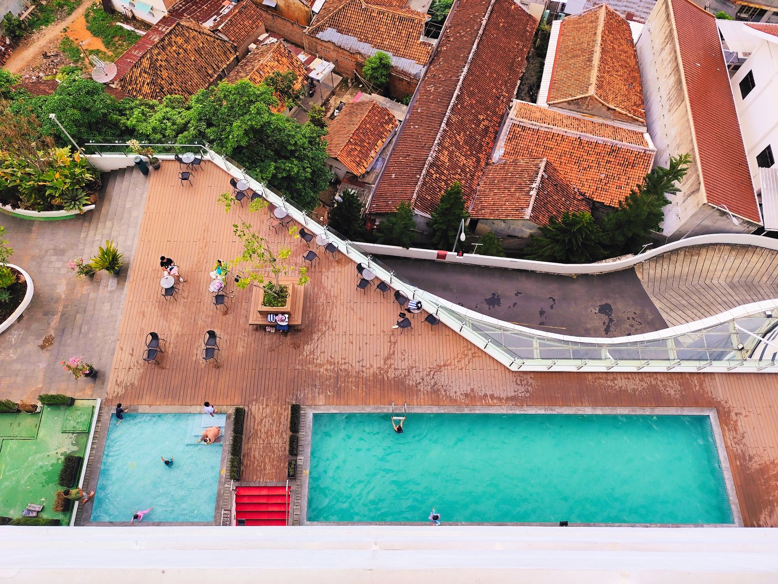 A hotel rooftop pool area