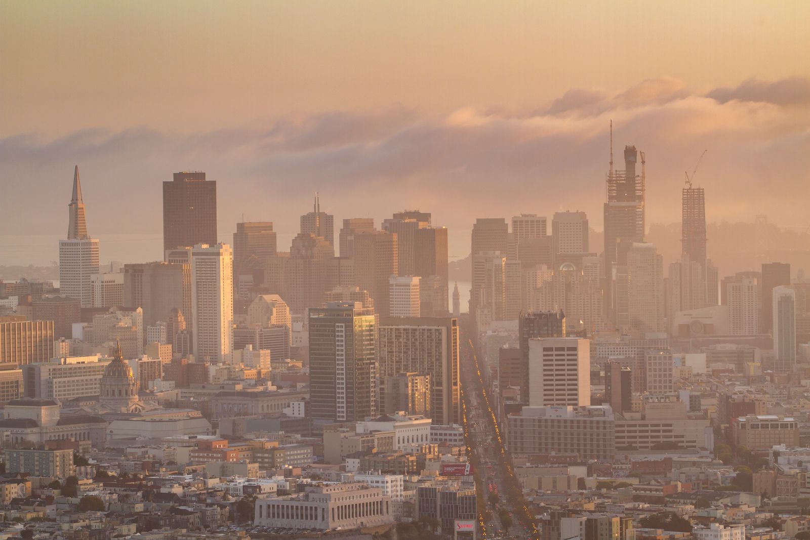 Aerial view of the San Francisco Financial District skyline at sunset