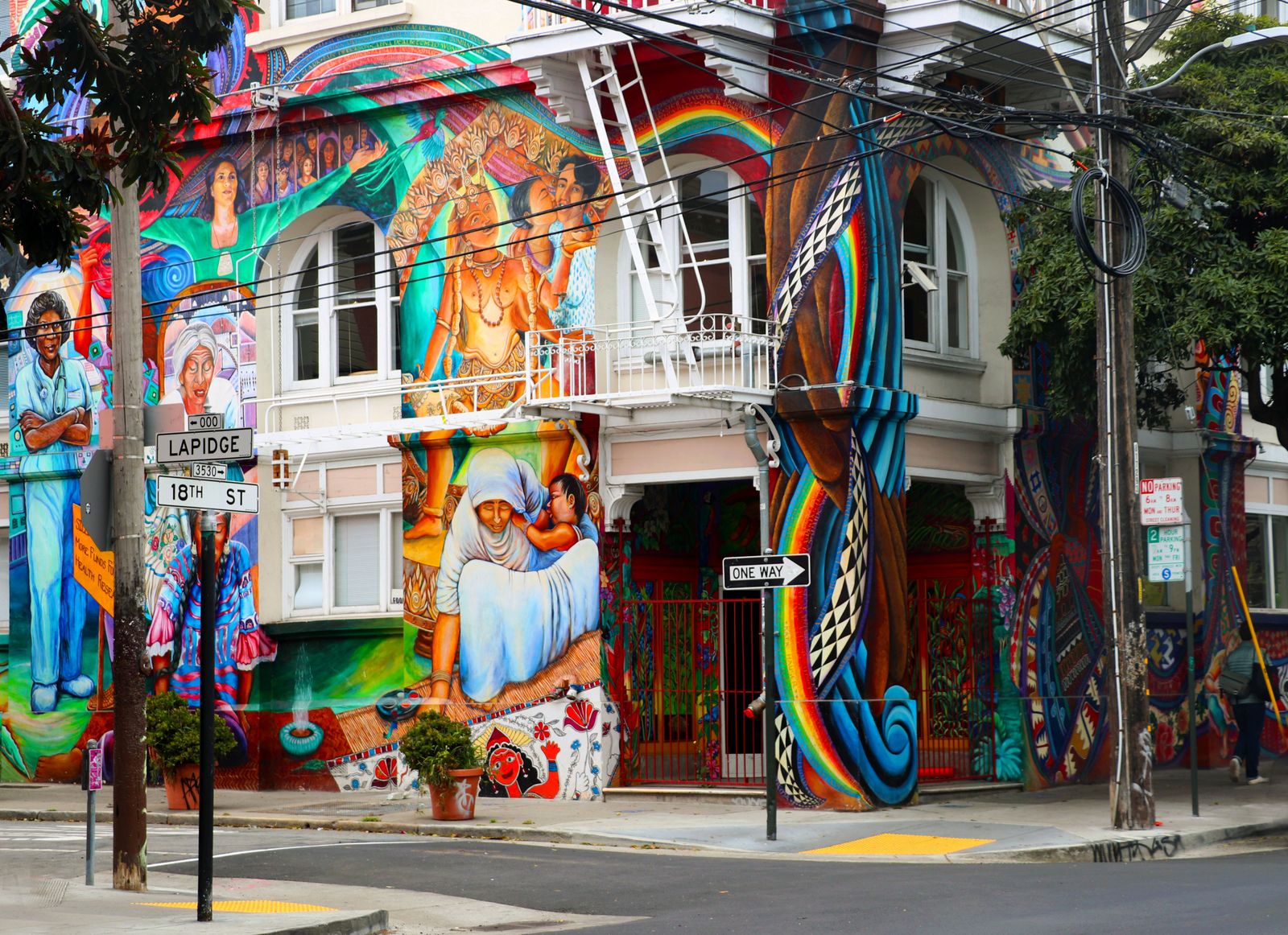 Colorful murals on a street in the Mission District, San Francisco