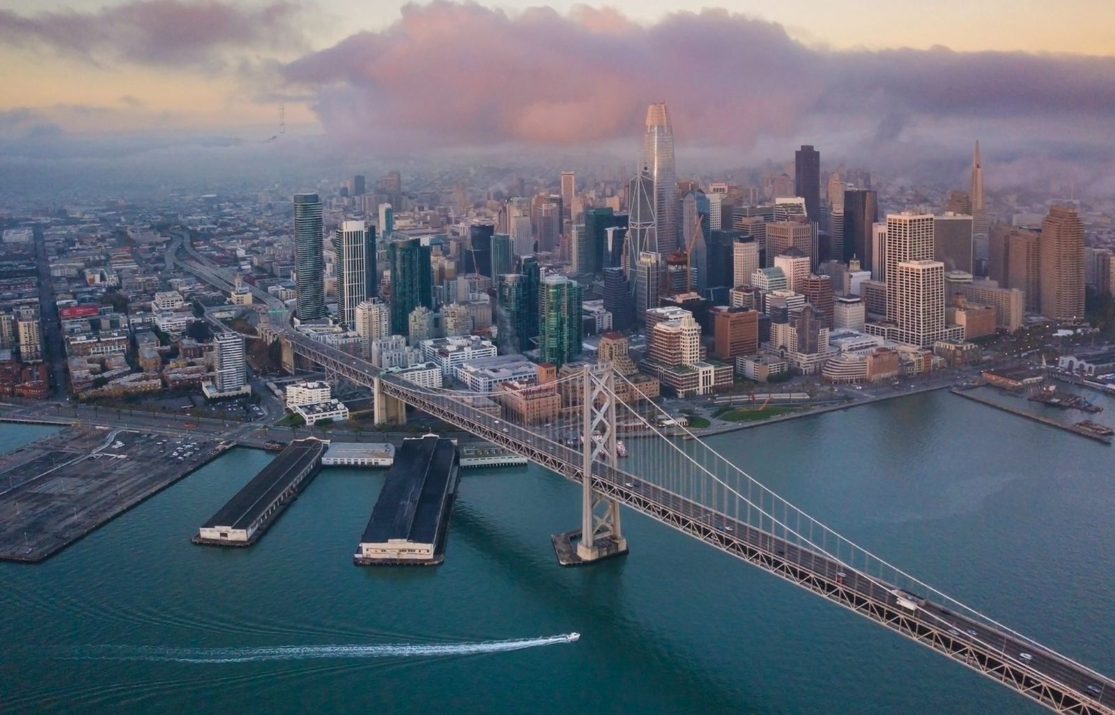 Aerial view of the San Francisco skyline and Bay Bridge