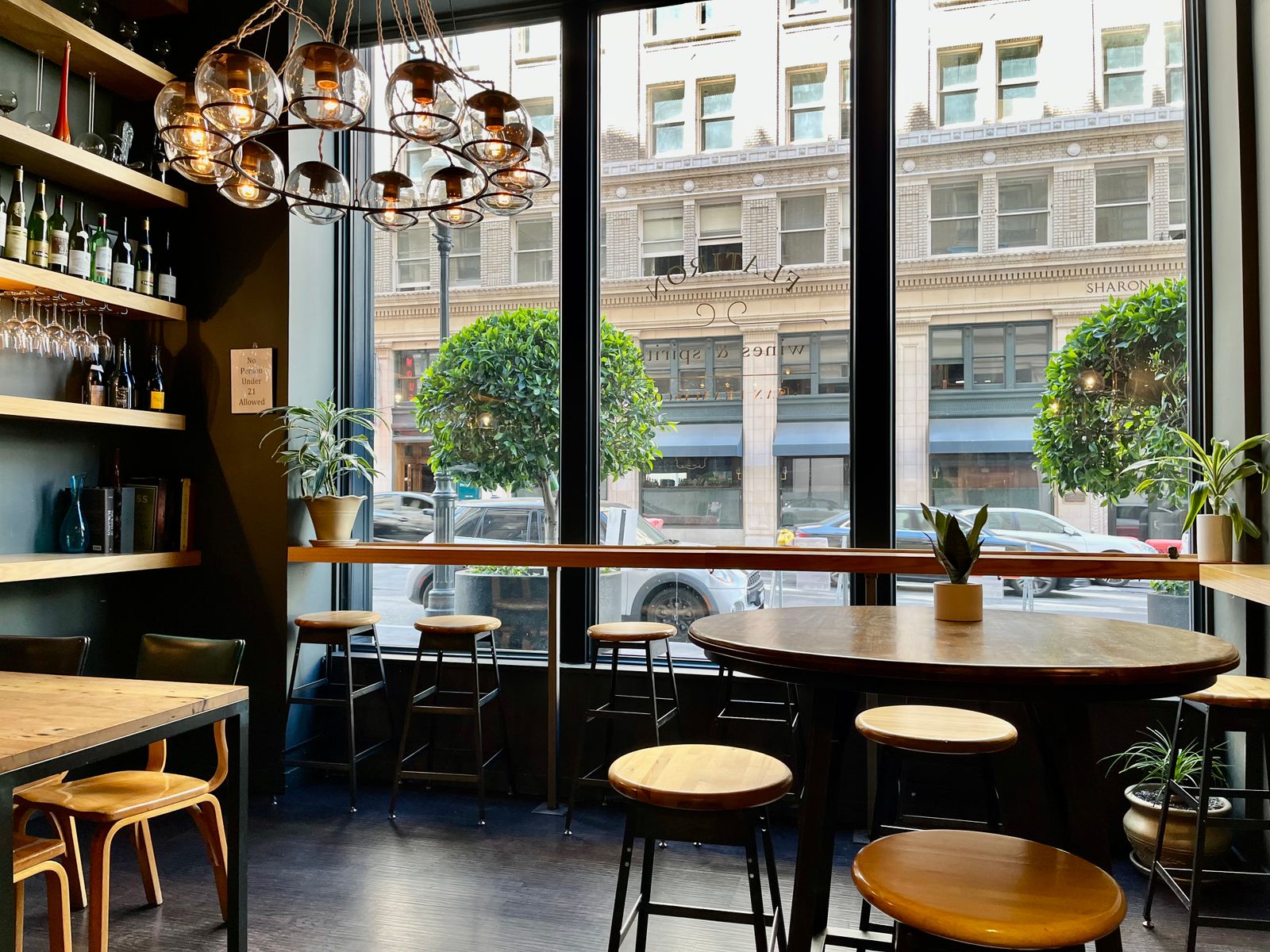 Modern cafe interior with large windows