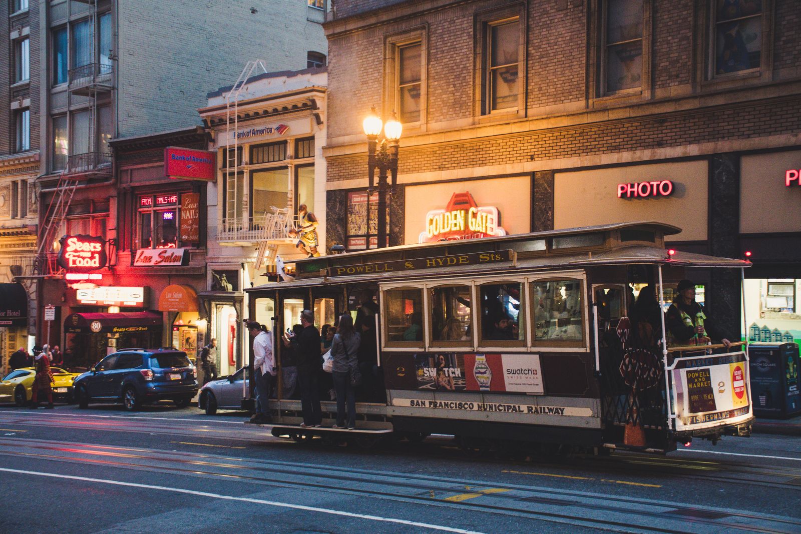 Vintage tram on a lively San Francisco street